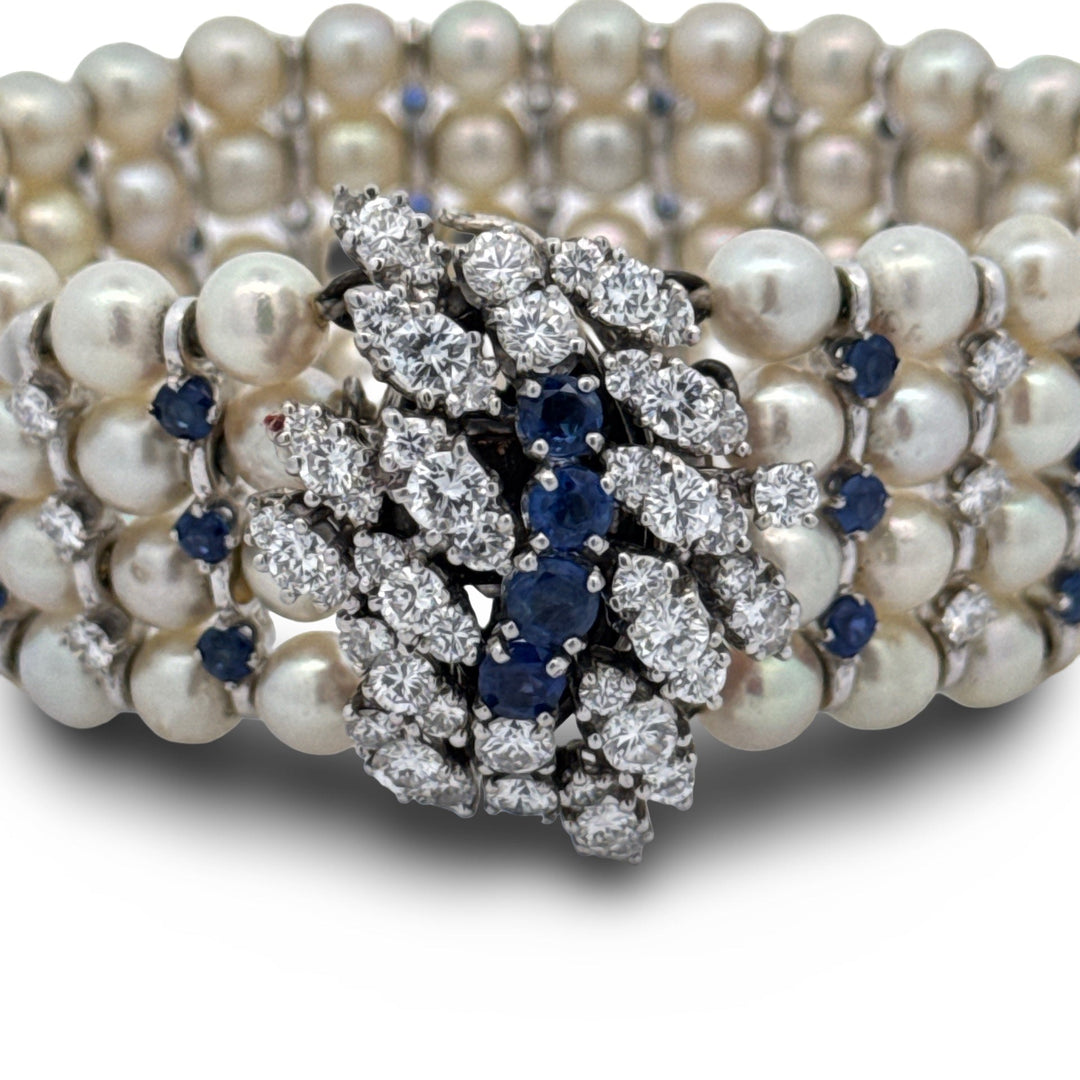 Modern 1960's Diamond, Sapphire and Cultured Pearl 14K White Gold Bracelet