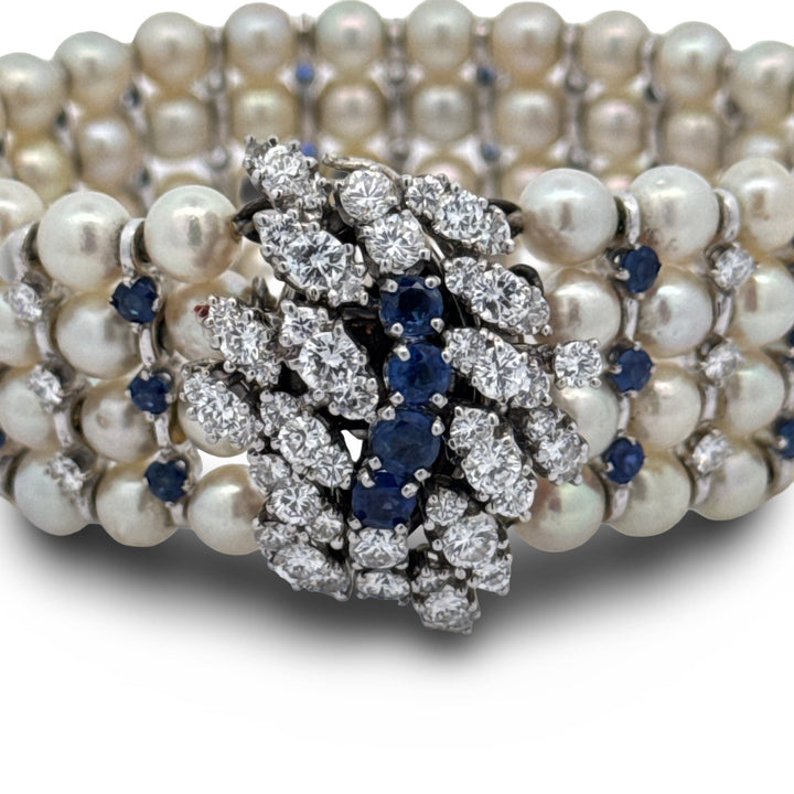 Modern 1960's Diamond, Sapphire and Cultured Pearl 14K White Gold Bracelet