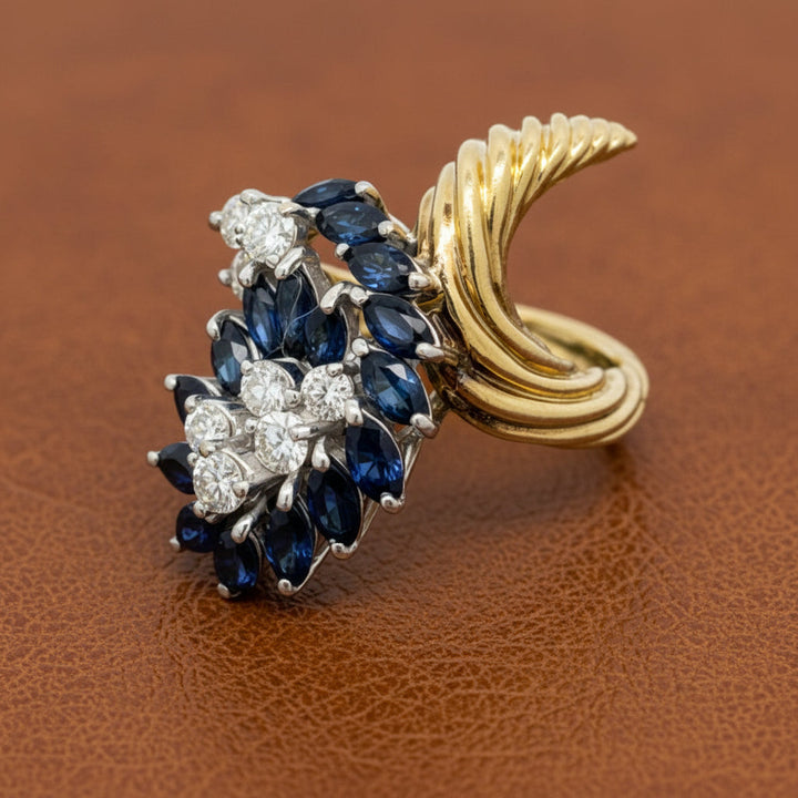 Vintage Diamond and Sapphire Freeform 14k Yellow and White Gold Ring
