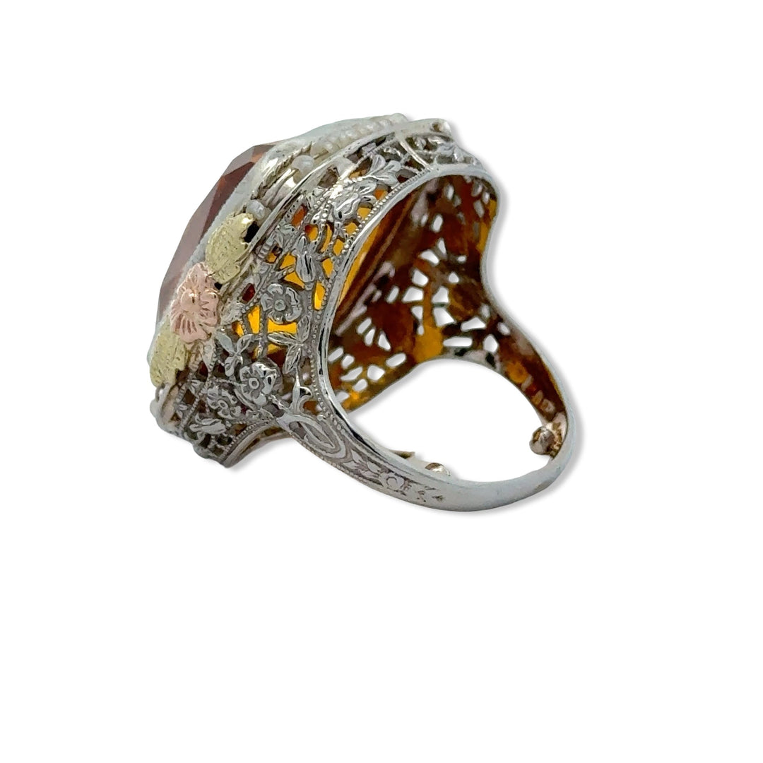 Citrine and Pearl Filigree 14K Tri Color Gold Ring