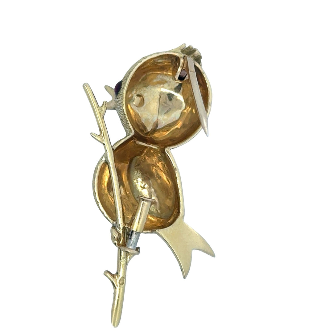 Osprey  "Crowned Bird On A Branch" garnet, green, red, black enamel 18K Yellow Gold Brooch/Pendant