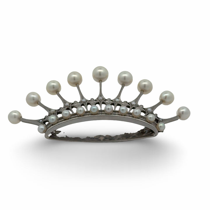 Designer Mikimoto Cultured Pearl and Platinum Crown Brooch