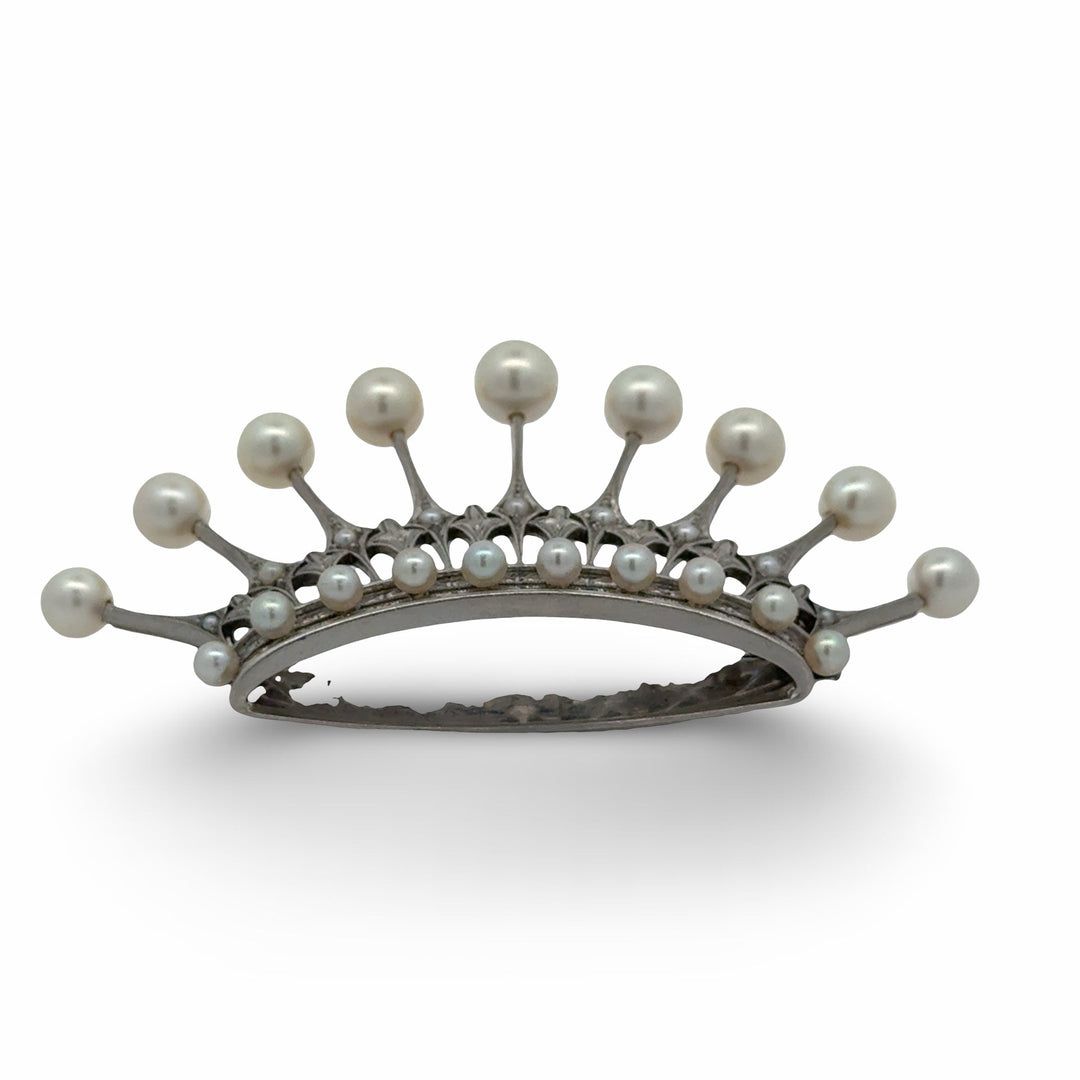 Designer Mikimoto Cultured Pearl and Platinum Crown Brooch
