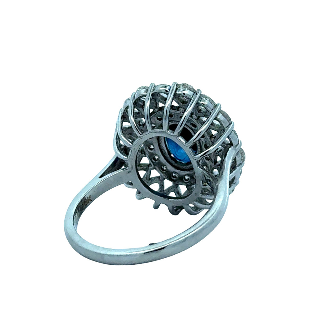 Oval Sapphire and Rose Cut Diamond 18K White Gold Ring