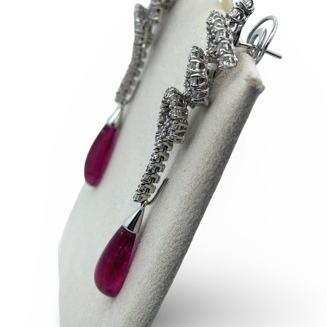 Designer Bergio Diamond and Rubellite 18kt White Gold Earrings