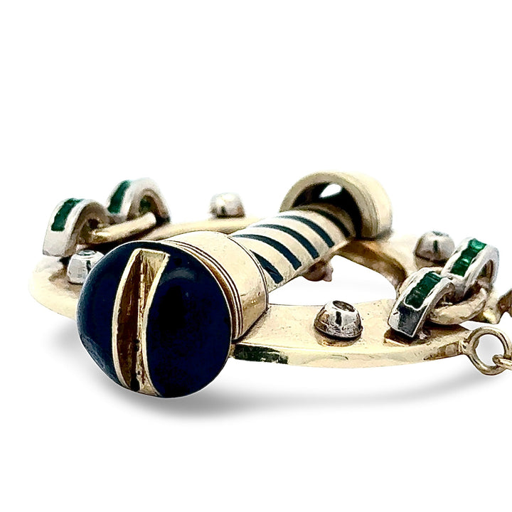 Italian Luxury Cruiser Diamond, Emerald and Black Enamel Porthole 18kt Yellow Gold Brooch