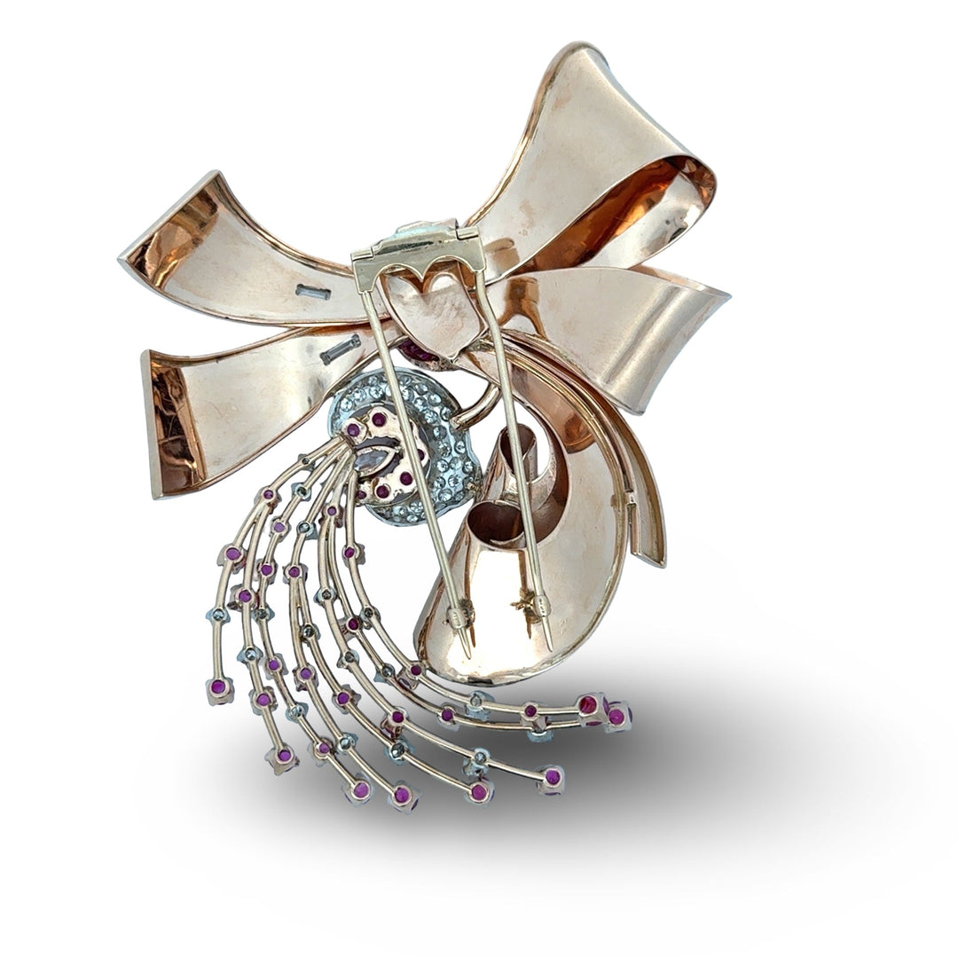 Retro 1940's Diamond, Ruby and 14k Rose Gold Pendant/Brooch