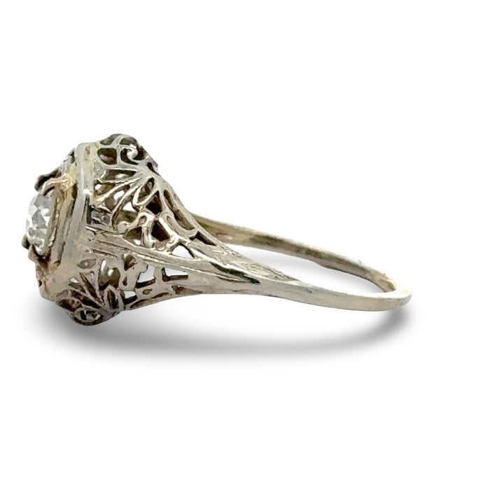 Art Deco .46ct. Old European Cut Diamond Filigree 14k White Gold Ring