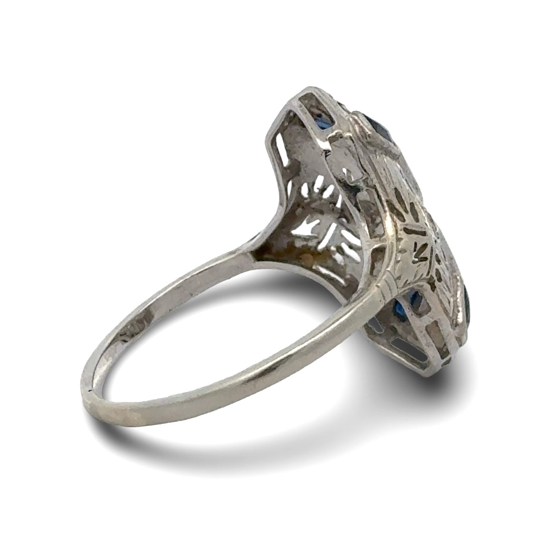 Art Deco Old European Cut Diamond and Sapphire Filigree 18k White Gold Ring