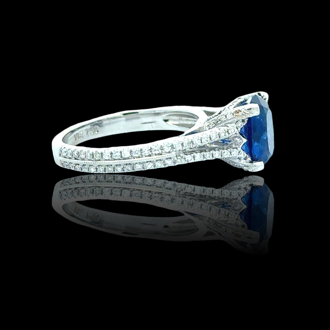 Fine Cushion Cut Sapphire and Diamond 18K White Gold Ring