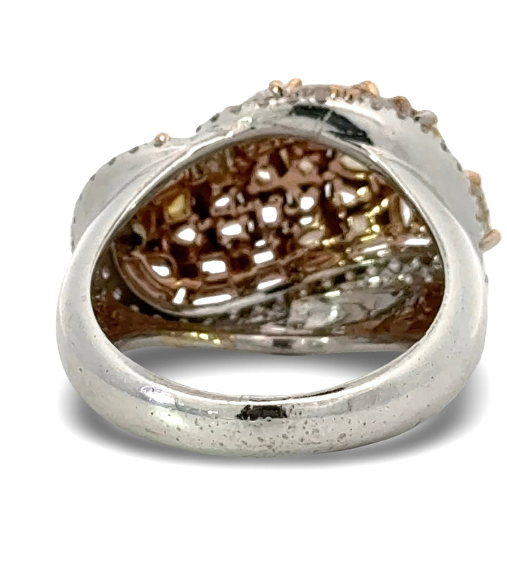 Modern Natural Fancy Yellow, Pink and White Diamond 18K White Gold Ring.