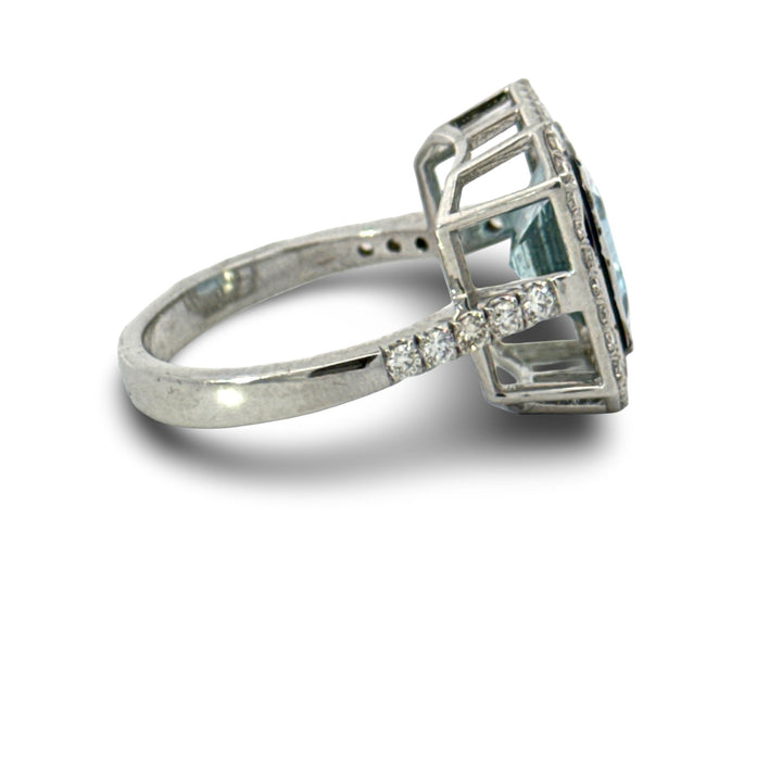 Modern Aquamarine, Diamond and Black Enamel 14K White Gold Ring