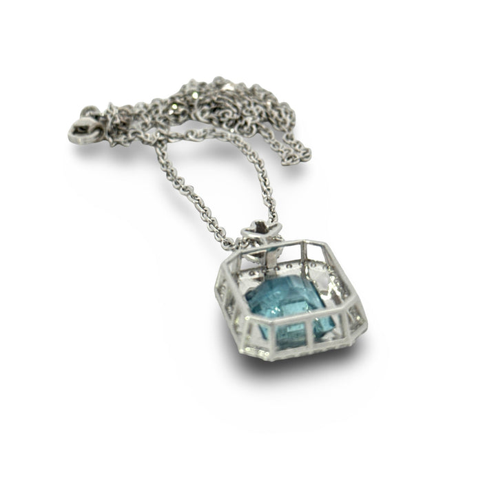 Modern Aquamarine, Diamond and Black Enamel 14K White Gold Necklace