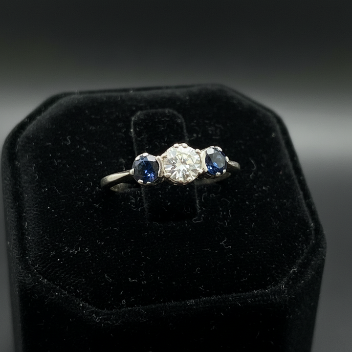 Art Deco Diamond and Sapphire 18K White Gold Ring