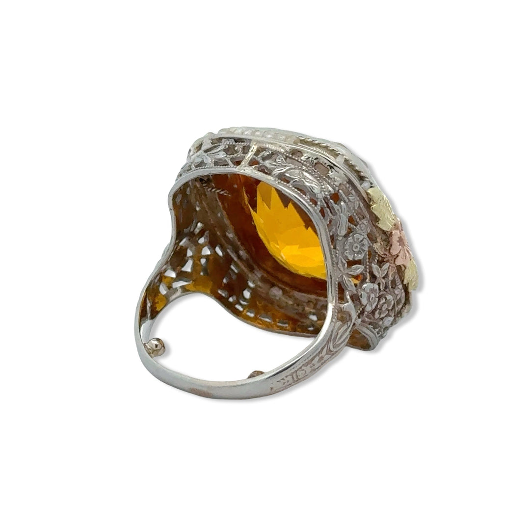 Citrine and Pearl Filigree 14K Tri Color Gold Ring
