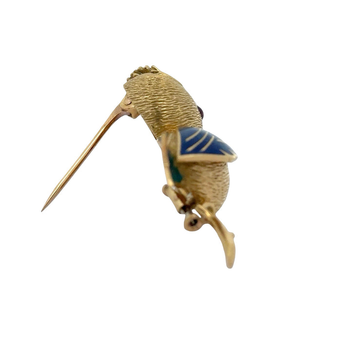 Osprey  "Crowned Bird On A Branch" garnet, green, red, black enamel 18K Yellow Gold Brooch/Pendant