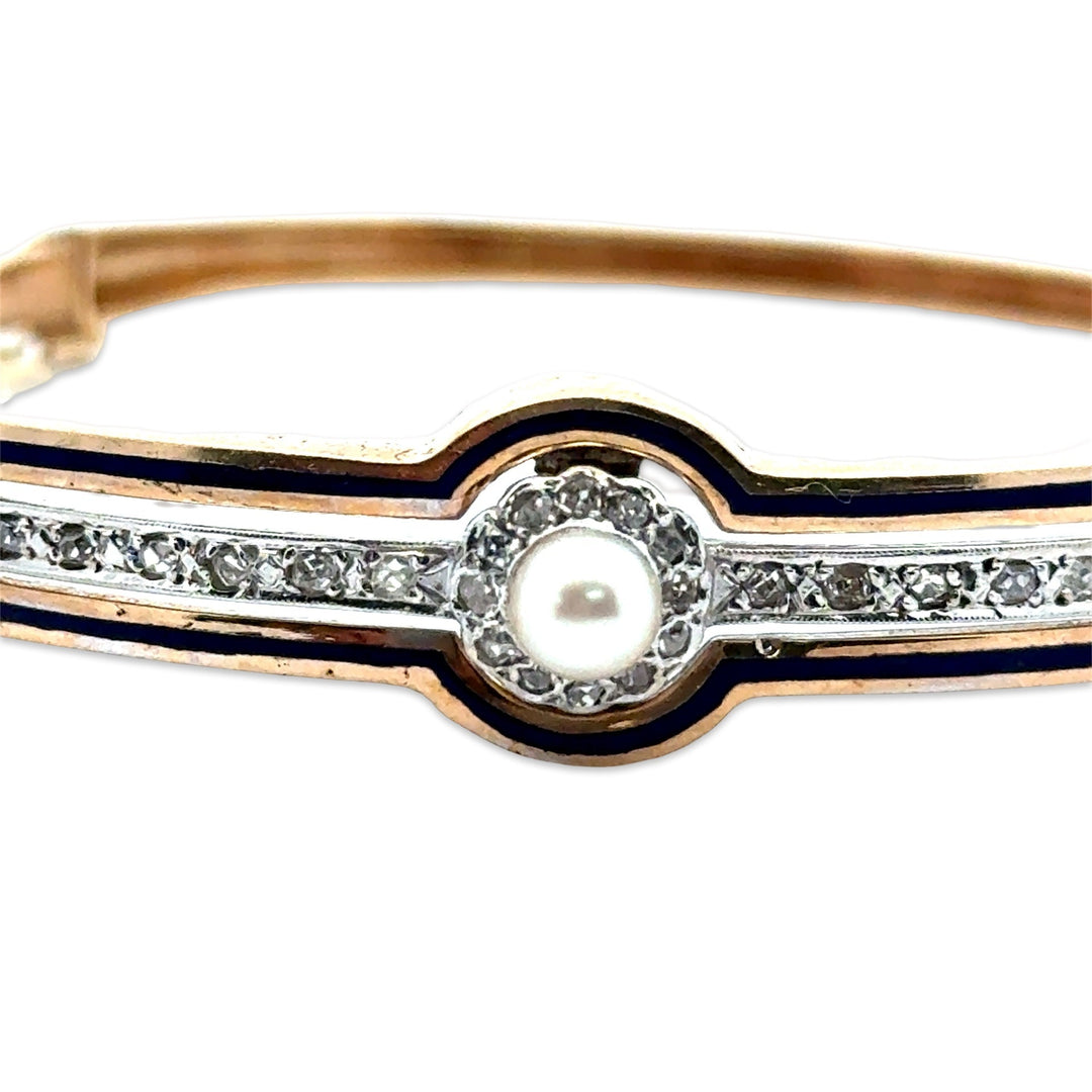 Victorian Diamond, Pearl and Blue Enamel 14K Yellow Gold Bangle