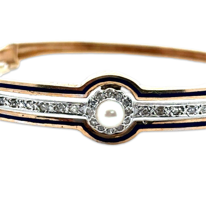 Victorian Diamond, Pearl and Blue Enamel 14K Yellow Gold Bangle