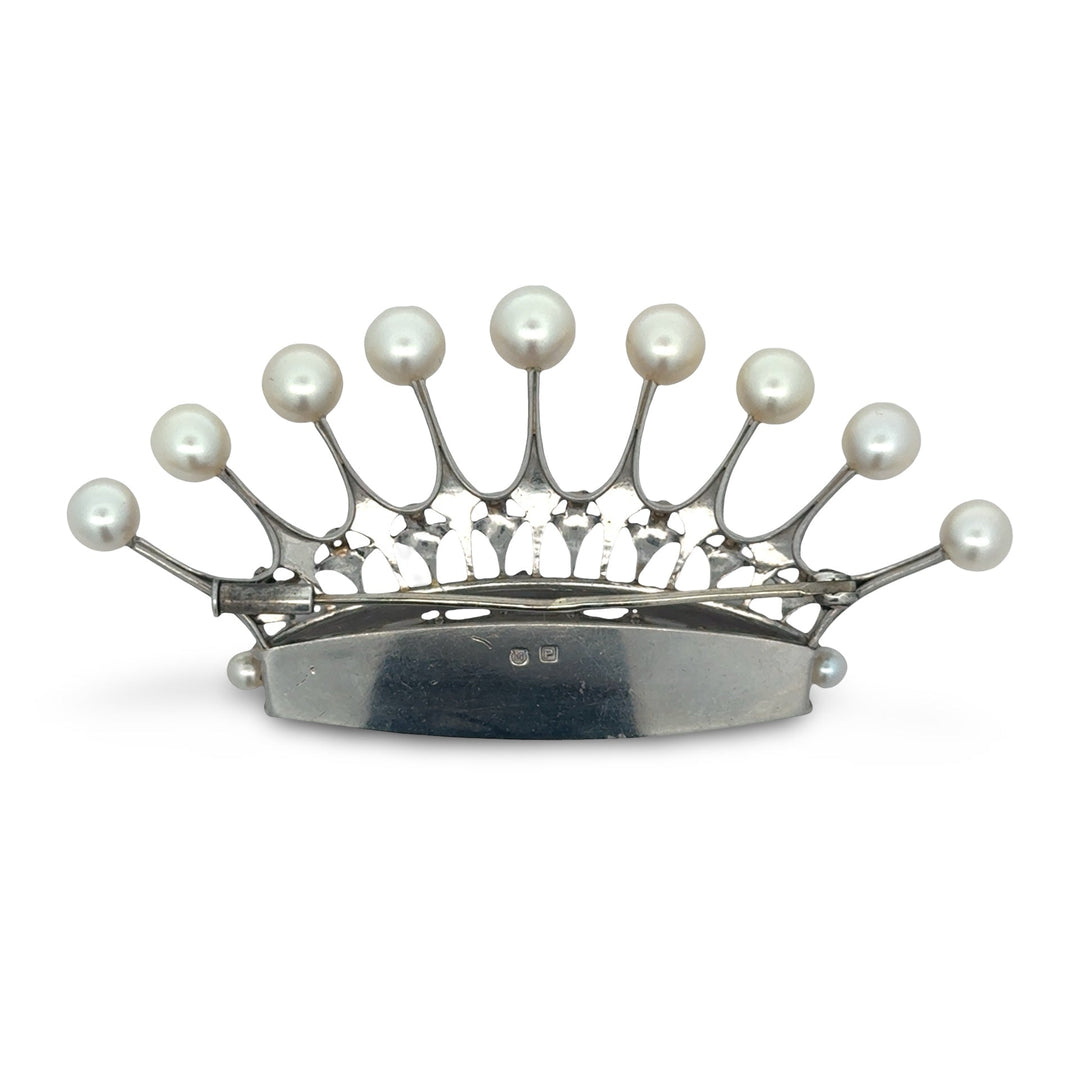 Designer Mikimoto Cultured Pearl and Platinum Crown Brooch
