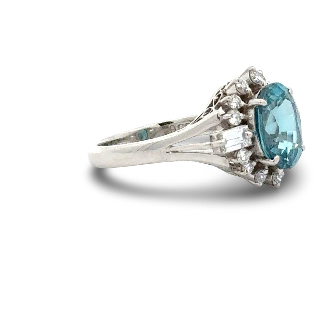 Blue Zircon and Diamond Platinum Ring