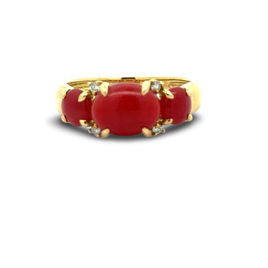 Italian Natural Coral and Diamond 18kt Yellow Gold Ring