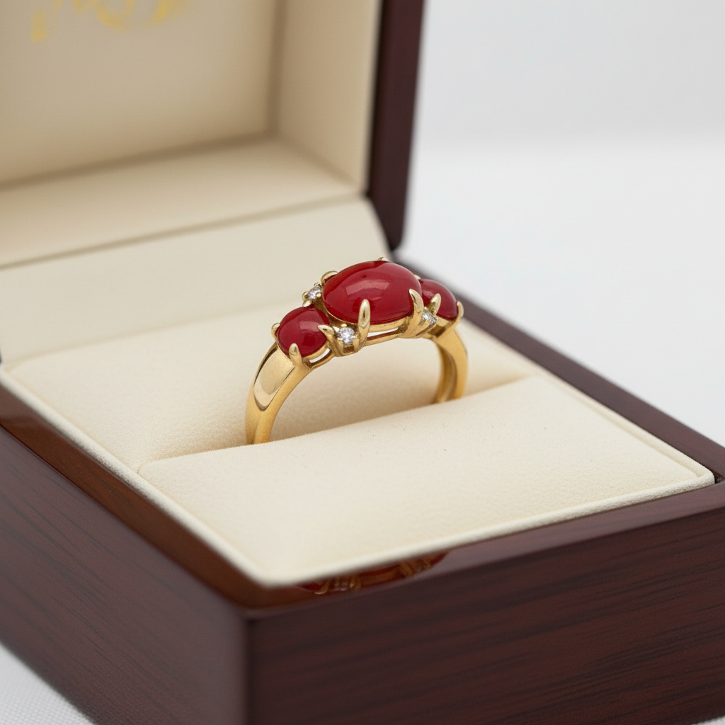 Italian Natural Coral and Diamond 18kt Yellow Gold Ring