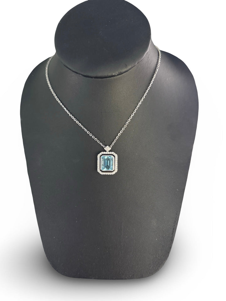 Modern Aquamarine, Diamond and Black Enamel 14K White Gold Necklace