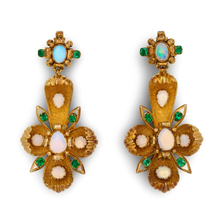 Victorian 1880's Emerald, Opal Suite in Original Box - Necklace, Pendant, Bracelet and Earrings 14Kt Yellow Gold