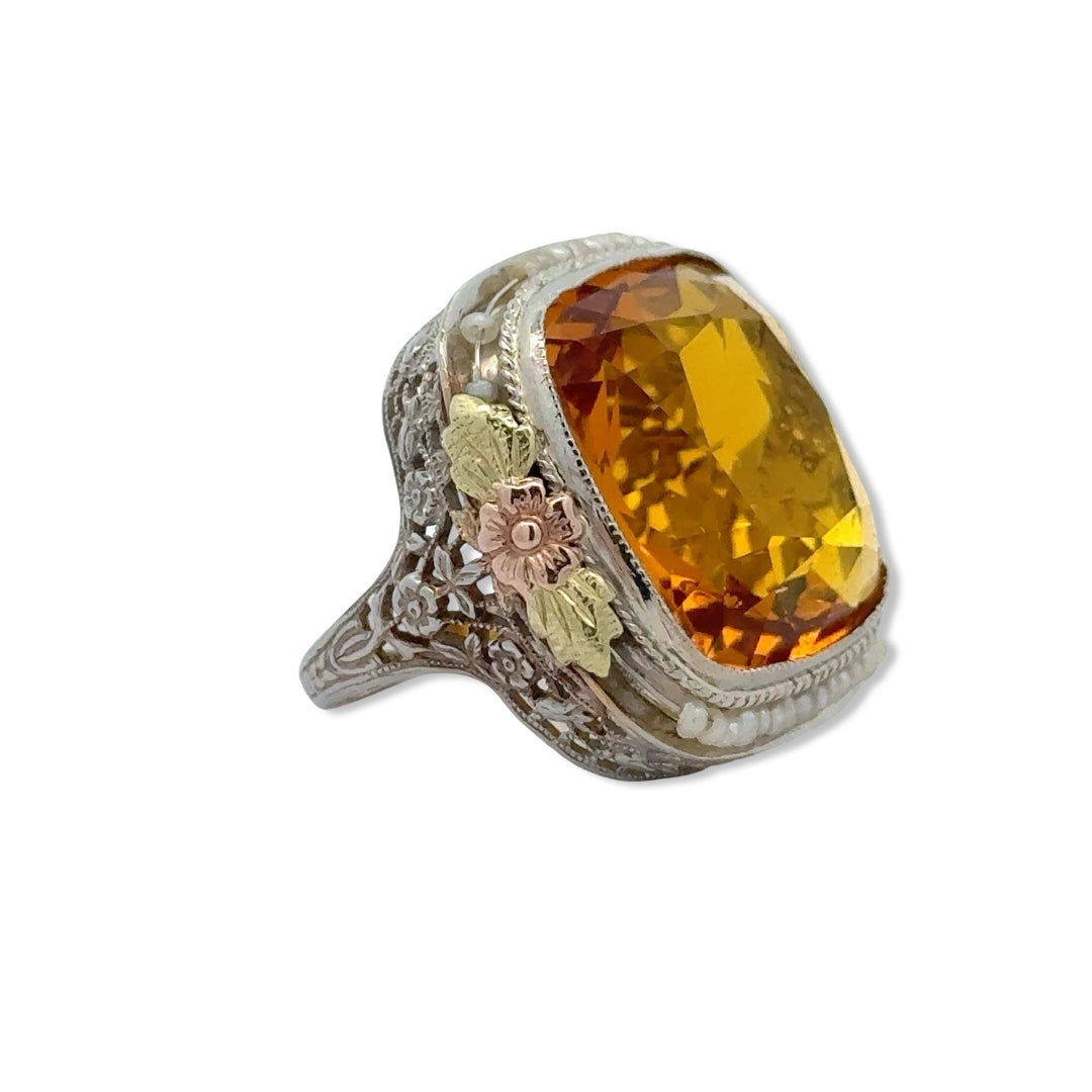 Citrine and Pearl Filigree 14K Tri Color Gold Ring