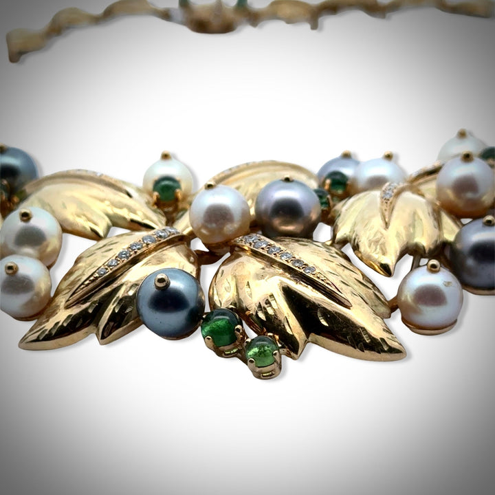 Estate Of Hollywood Actress Connie Stevens Chaumet Paris Diamond Pearl and Tourmaline 18K Yellow Gold Necklace