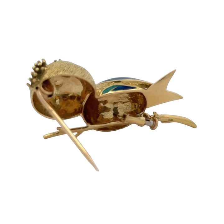 Osprey  "Crowned Bird On A Branch" garnet, green, red, black enamel 18K Yellow Gold Brooch/Pendant