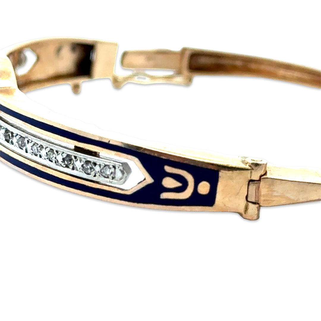 Victorian Diamond, Pearl and Blue Enamel 14K Yellow Gold Bangle