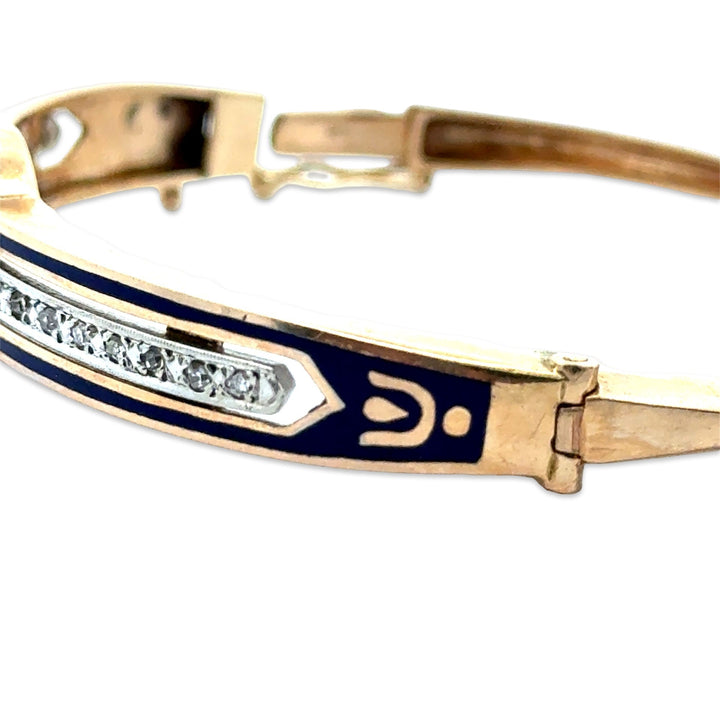 Victorian Diamond, Pearl and Blue Enamel 14K Yellow Gold Bangle