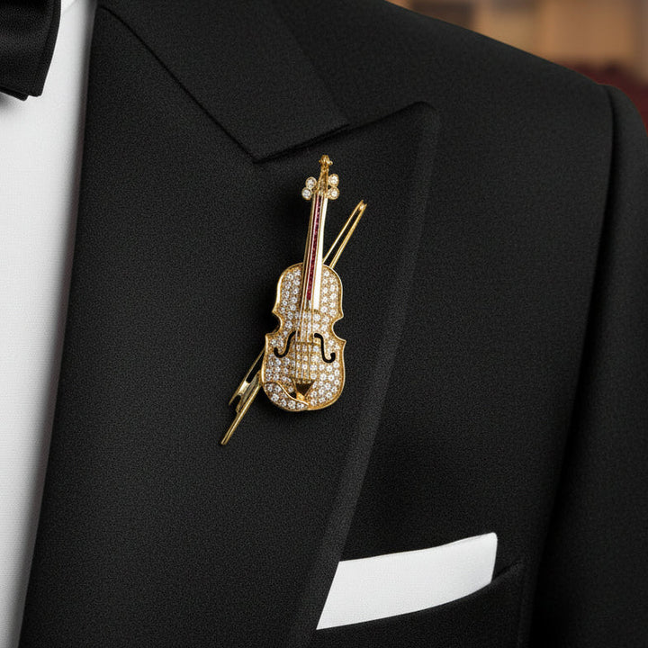 Violin Diamond and Ruby Pendant/Brooch 18kt Yellow Gold