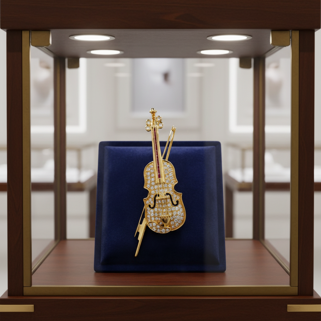 Violin Diamond and Ruby Pendant/Brooch 18kt Yellow Gold