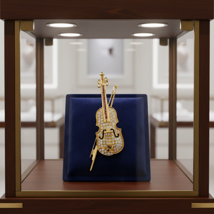 Violin Diamond and Ruby Pendant/Brooch 18kt Yellow Gold