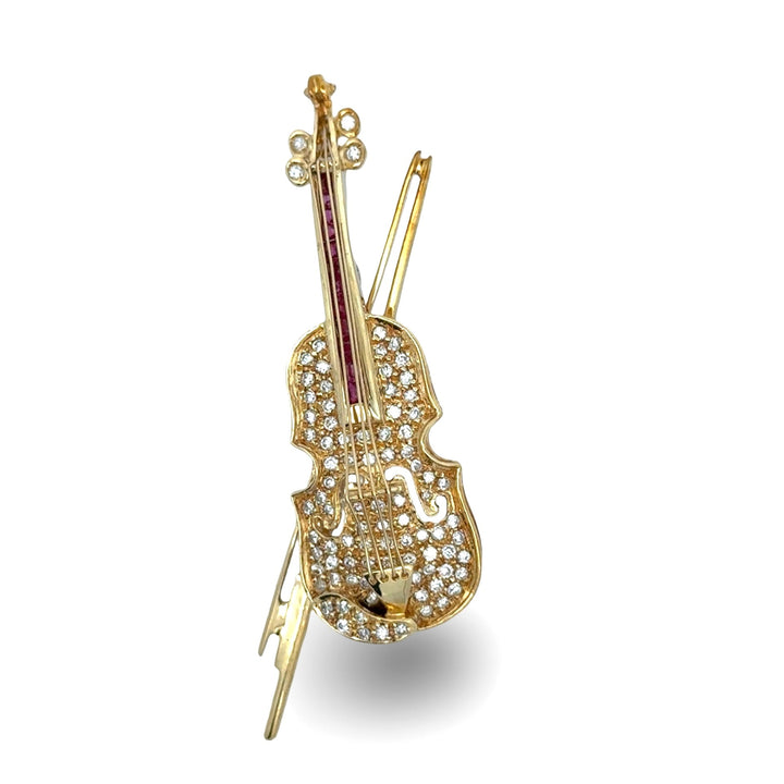 Violin Diamond and Ruby Pendant/Brooch 18kt Yellow Gold