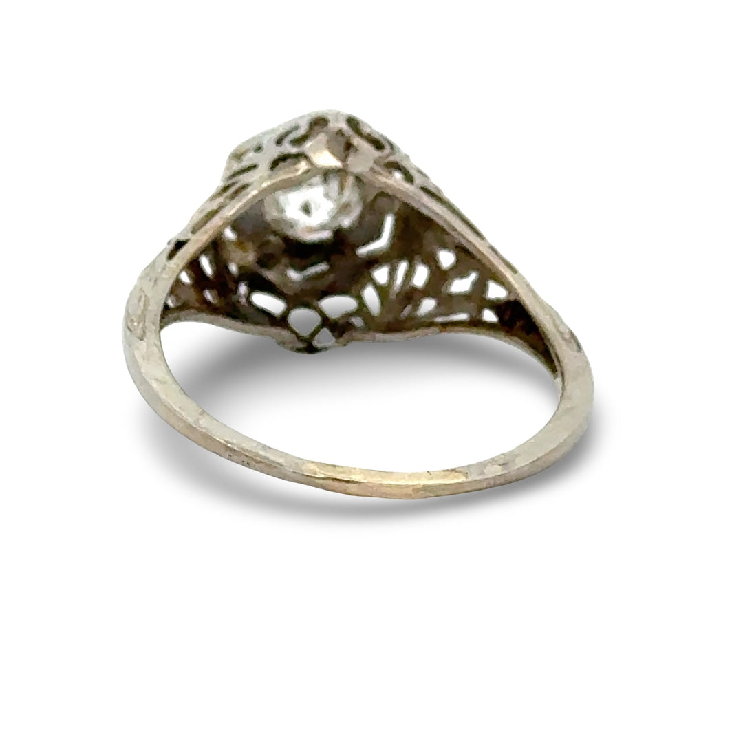 Art Deco .46ct. Old European Cut Diamond Filigree 14k White Gold Ring