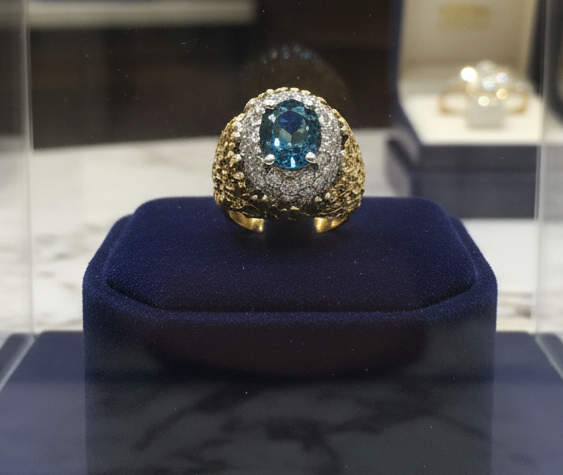 1970's Designer Sapphire and Diamond 18k Yellow and White Gold Ring