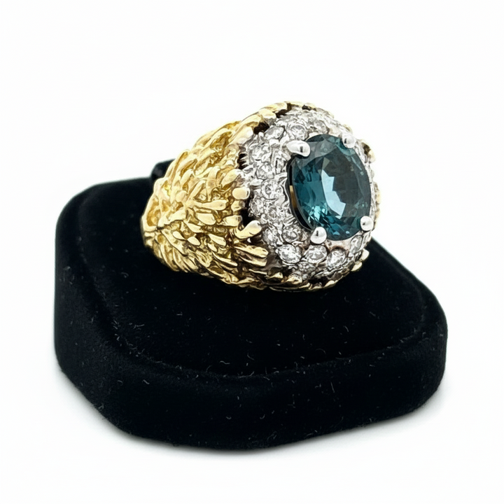 1970's Designer Sapphire and Diamond 18k Yellow and White Gold Ring