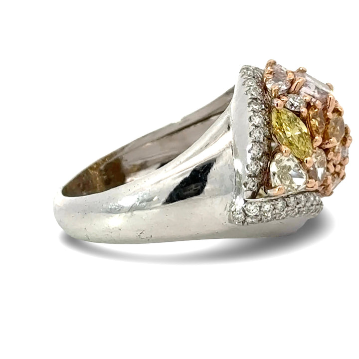 Modern Natural Fancy Yellow, Pink and White Diamond 18K White Gold Ring.