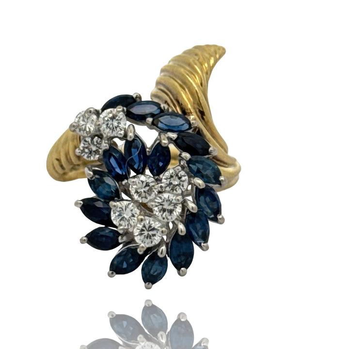 Vintage Diamond and Sapphire Freeform 14k Yellow and White Gold Ring