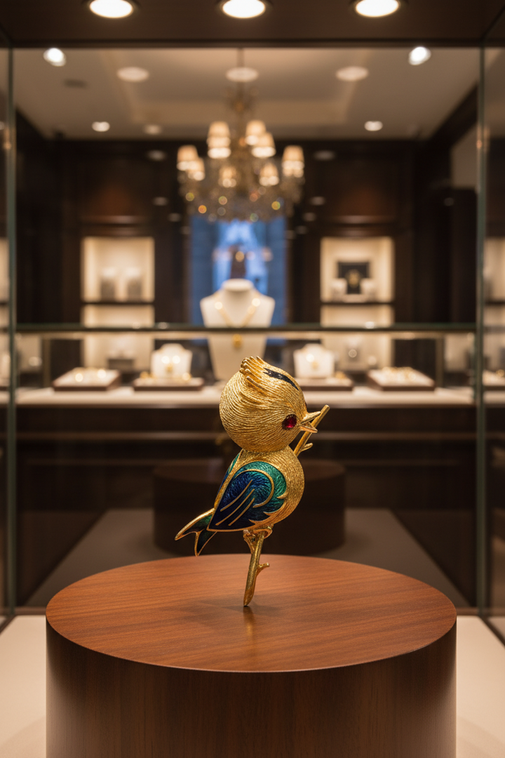 Osprey  "Crowned Bird On A Branch" garnet, green, red, black enamel 18K Yellow Gold Brooch/Pendant