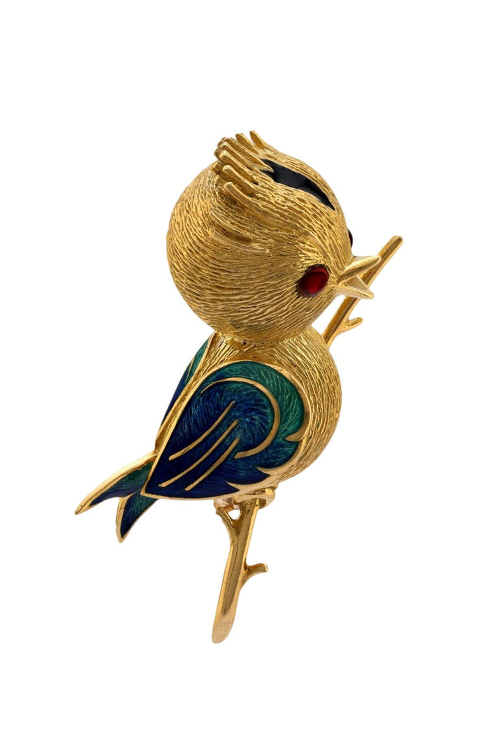 Osprey  "Crowned Bird On A Branch" garnet, green, red, black enamel 18K Yellow Gold Brooch/Pendant