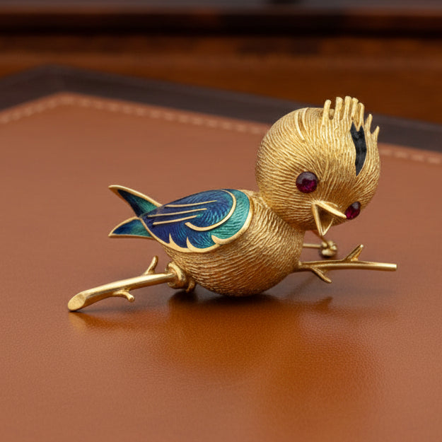 Osprey  "Crowned Bird On A Branch" garnet, green, red, black enamel 18K Yellow Gold Brooch/Pendant