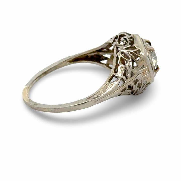 Art Deco .46ct. Old European Cut Diamond Filigree 14k White Gold Ring