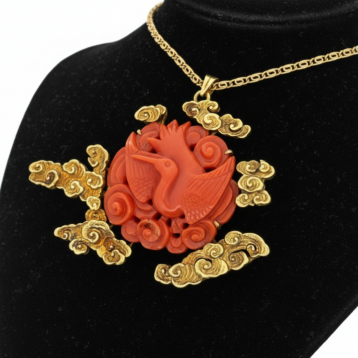1960's Carved Coral Motif and 14k Yellow Necklace