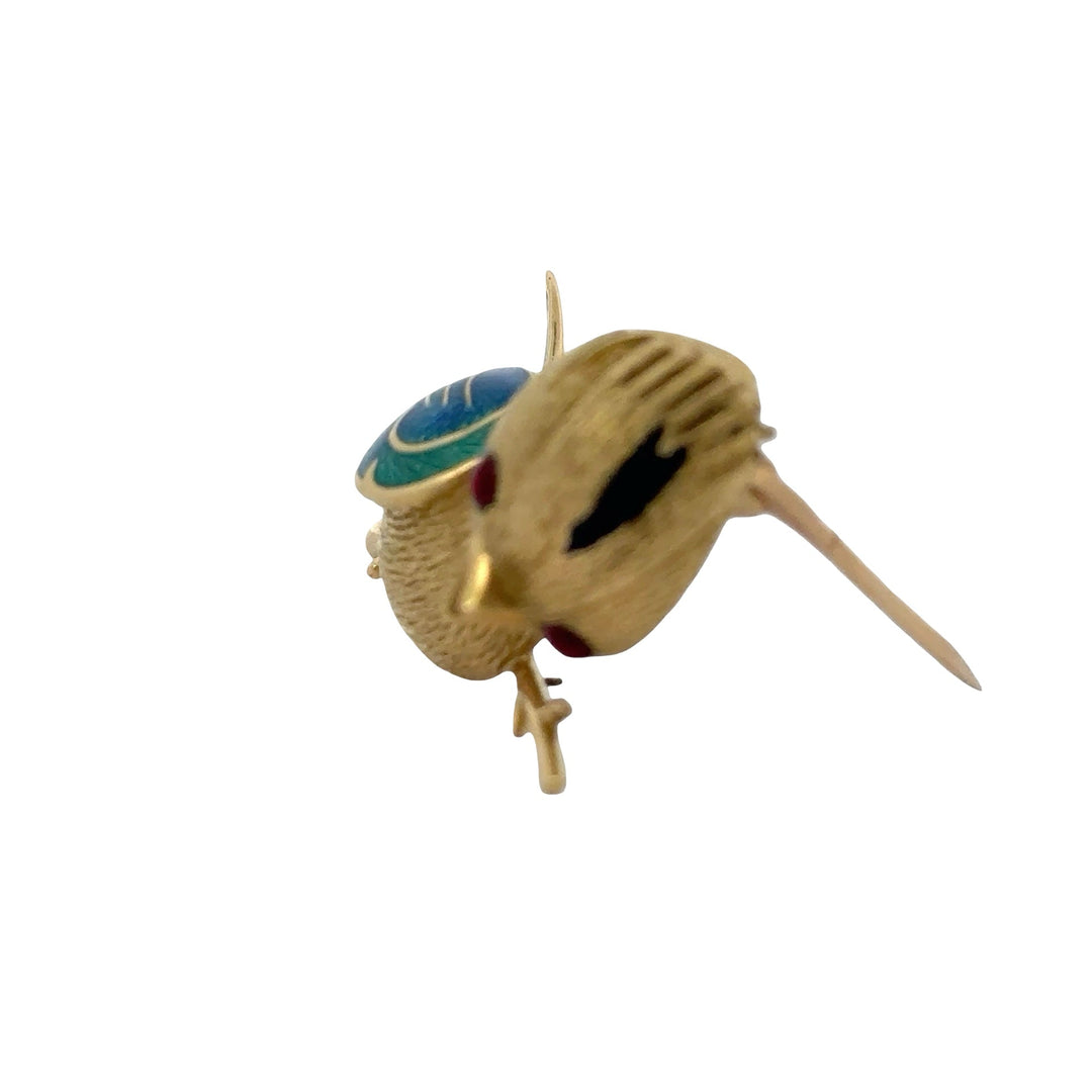 Osprey  "Crowned Bird On A Branch" garnet, green, red, black enamel 18K Yellow Gold Brooch/Pendant