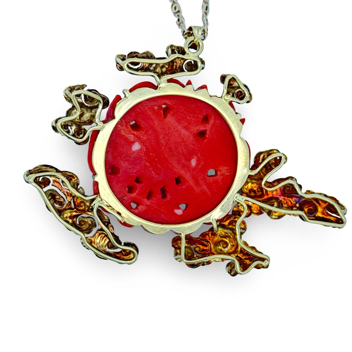 1960's Carved Coral Motif and 14k Yellow Necklace