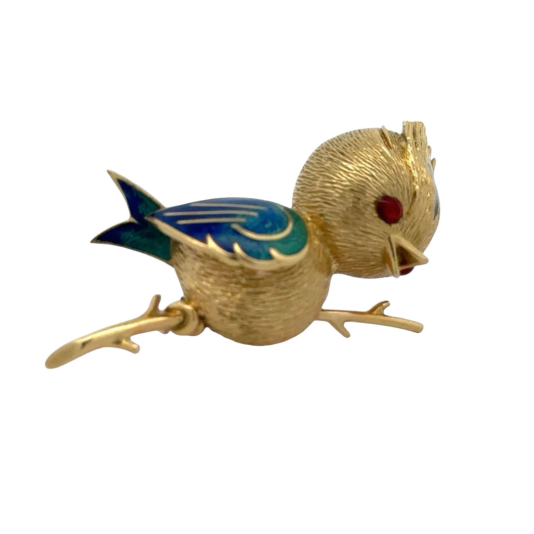 Osprey  "Crowned Bird On A Branch" garnet, green, red, black enamel 18K Yellow Gold Brooch/Pendant